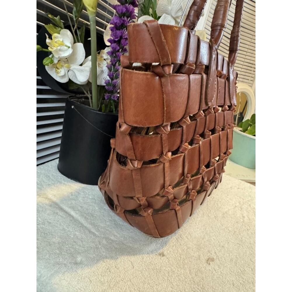 VINTAGE Ralph Lauren BROWN Leather Bag Purse Basketweave Tote Bag Leather (210 - Picture 5 of 13